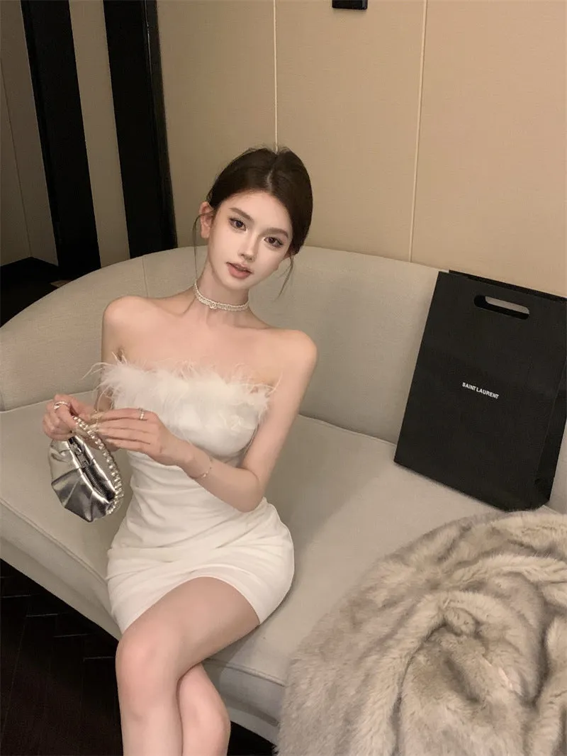 Small Waist-Tight Belly-Covering Hip Skirt 2024 Summer New Tight Hot Girl Tube Top Sexy Temperament Dress
