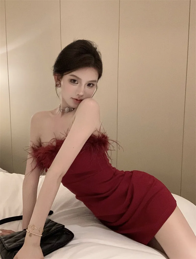 Small Waist-Tight Belly-Covering Hip Skirt 2024 Summer New Tight Hot Girl Tube Top Sexy Temperament Dress
