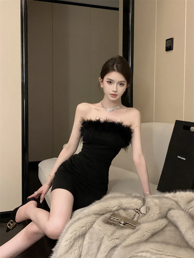 Small Waist-Tight Belly-Covering Hip Skirt 2024 Summer New Tight Hot Girl Tube Top Sexy Temperament Dress