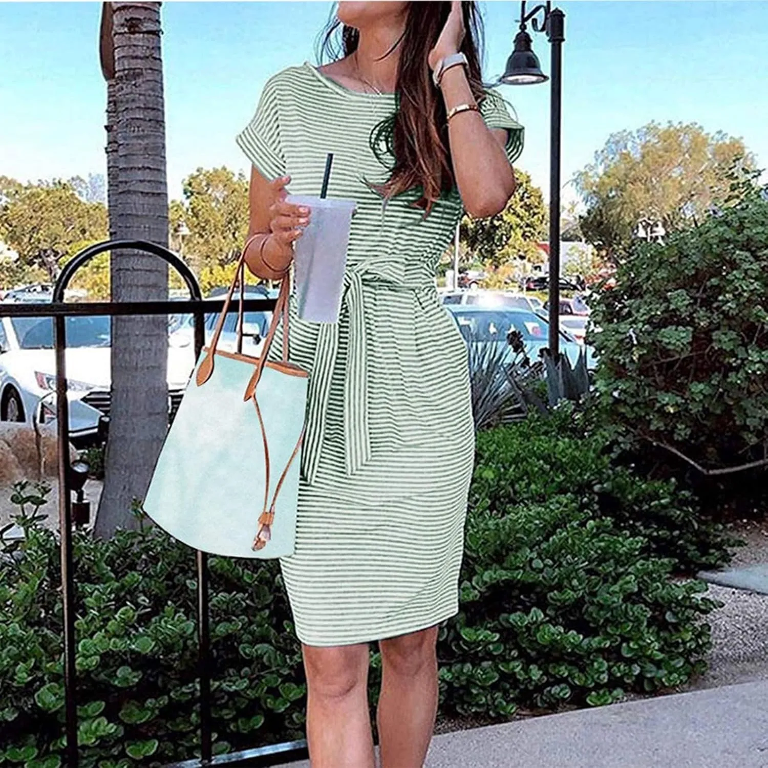 Summer Dresses for Women 2025 Casual Short Sleeve T Shirt Dress Tie Waist Belted Pencil Midi Dress with Pockets