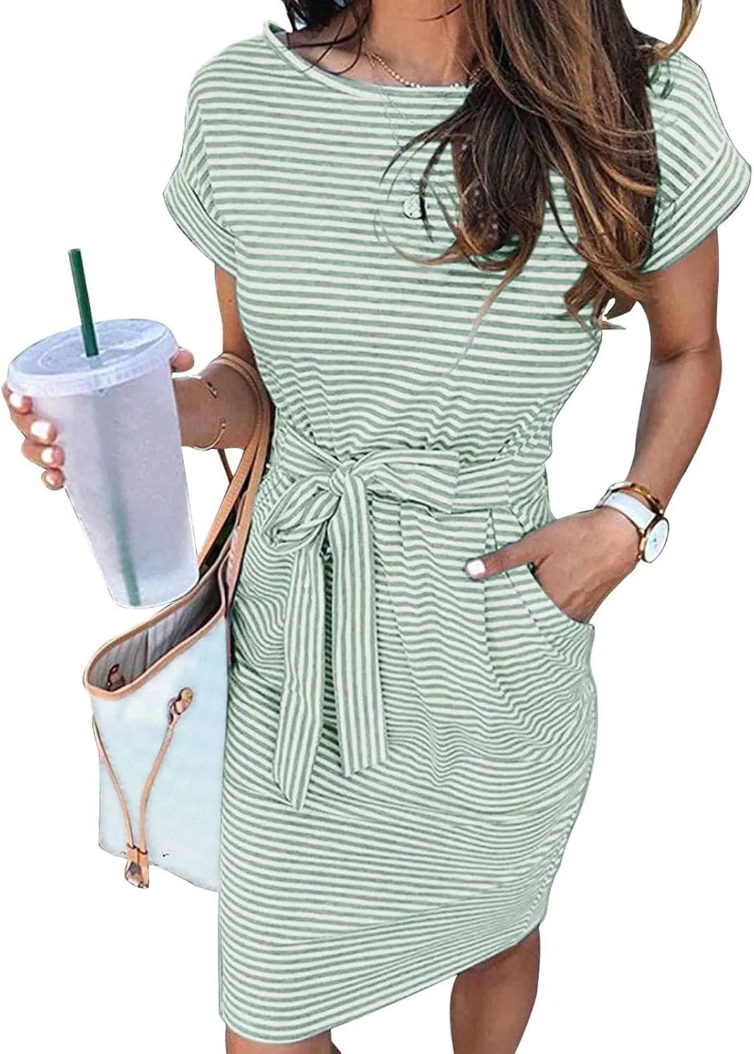 Summer Dresses for Women 2025 Casual Short Sleeve T Shirt Dress Tie Waist Belted Pencil Midi Dress with Pockets