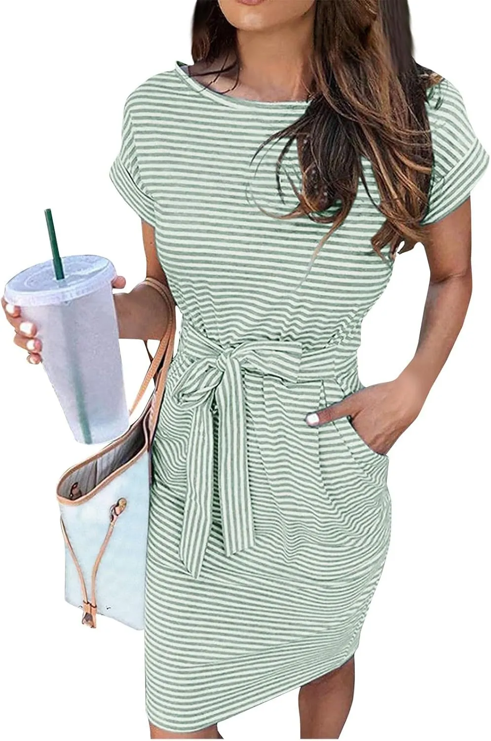 Summer Dresses for Women 2025 Casual Short Sleeve T Shirt Dress Tie Waist Belted Pencil Midi Dress with Pockets
