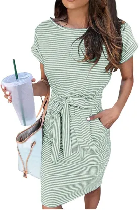 Summer Dresses for Women 2025 Casual Short Sleeve T Shirt Dress Tie Waist Belted Pencil Midi Dress with Pockets
