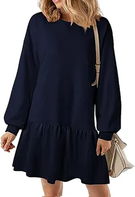 Sweatshirt Dress for Women Crewneck Long Sleeve Patchwork Pleated Pullover Relaxed Fit Mini Dress Fall Dress 2024