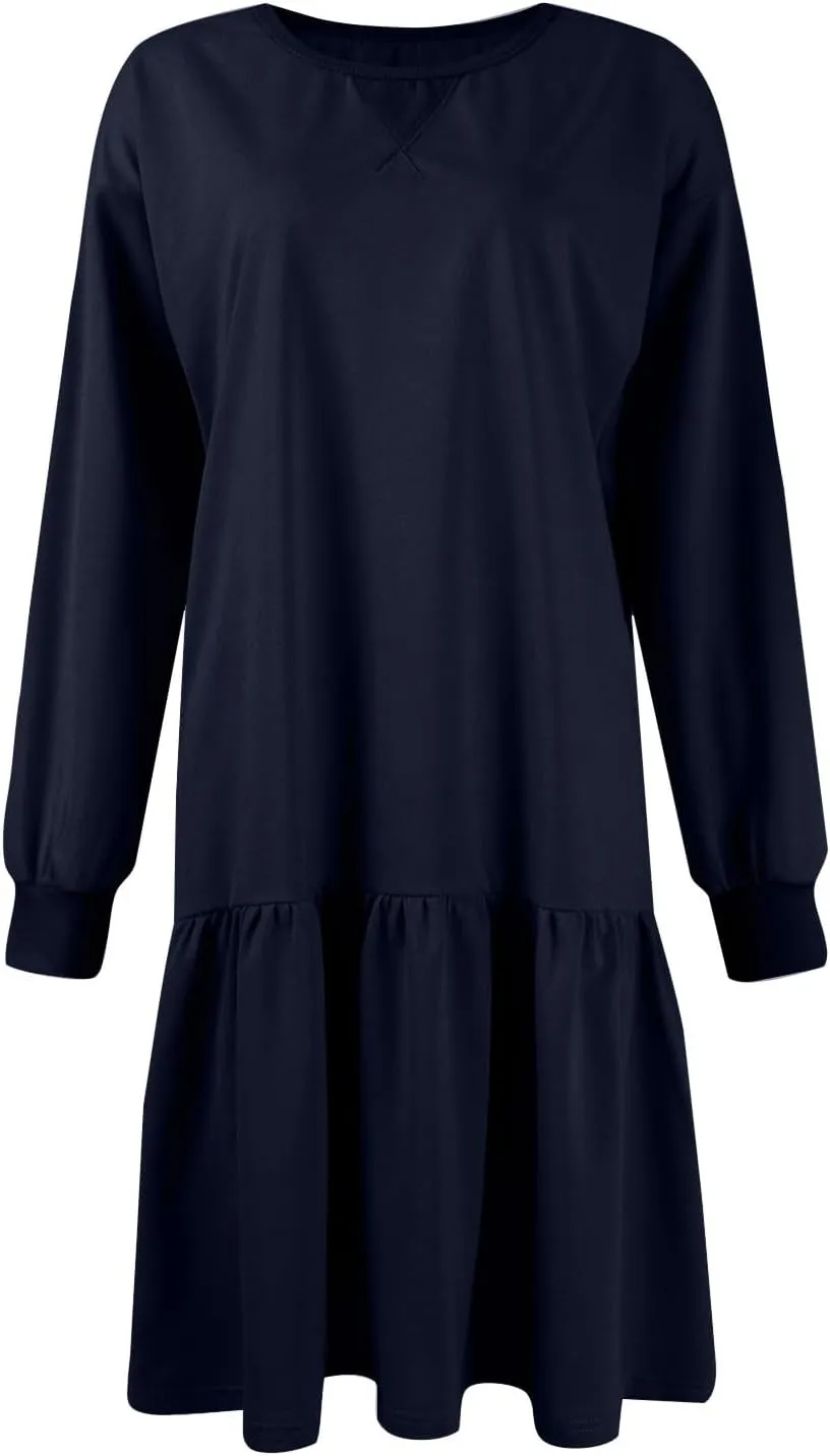 Sweatshirt Dress for Women Crewneck Long Sleeve Patchwork Pleated Pullover Relaxed Fit Mini Dress Fall Dress 2024