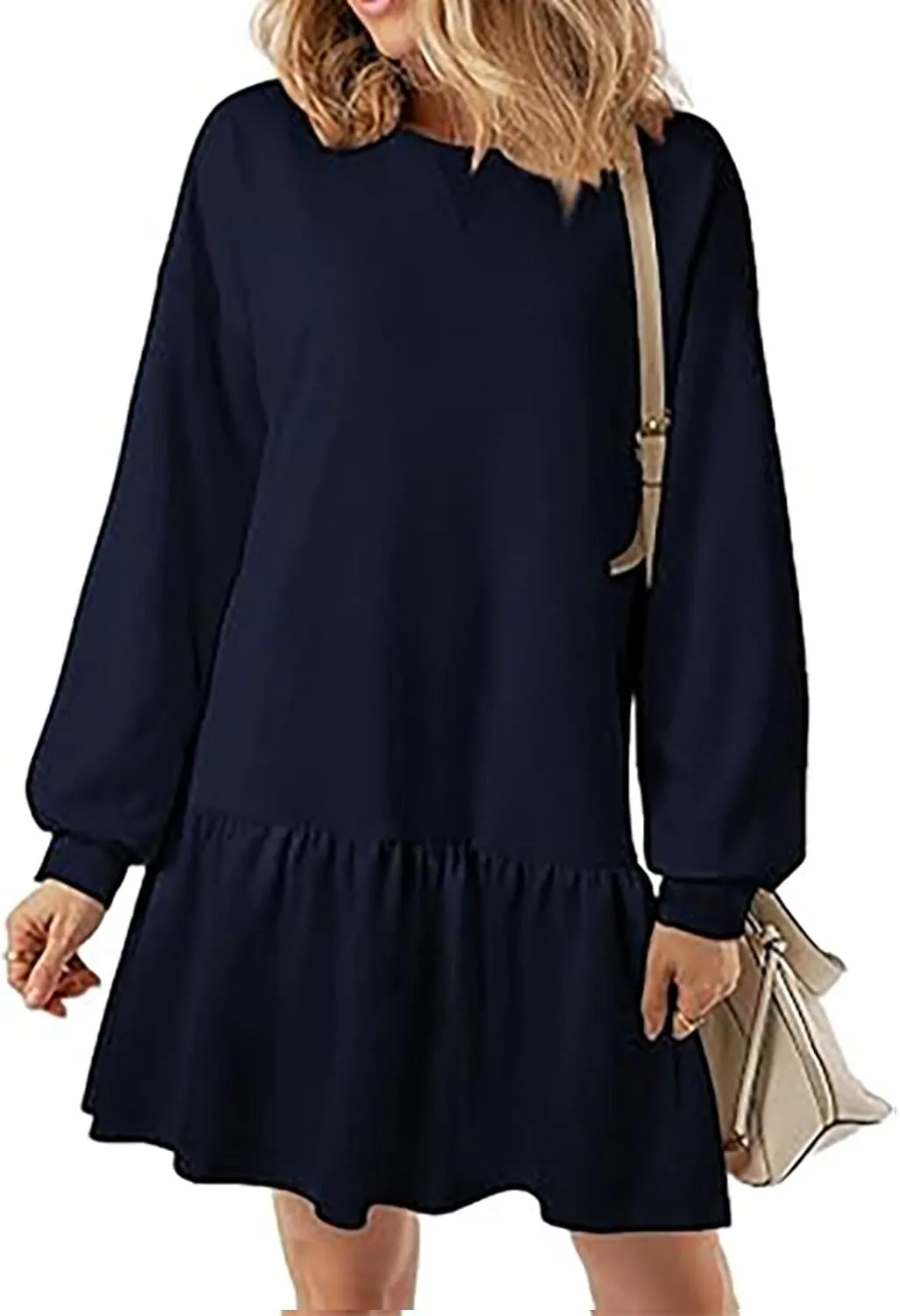 Sweatshirt Dress for Women Crewneck Long Sleeve Patchwork Pleated Pullover Relaxed Fit Mini Dress Fall Dress 2024