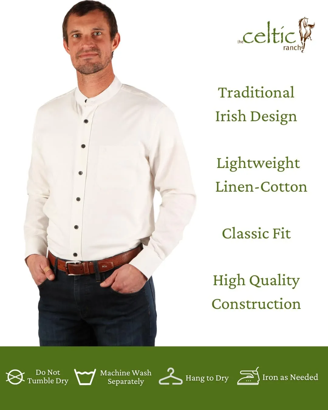 Traditional Irish Grandfather Collarless Shirt, Mens Linen Cotton Lightweight Long-Sleeve Dress Shirt