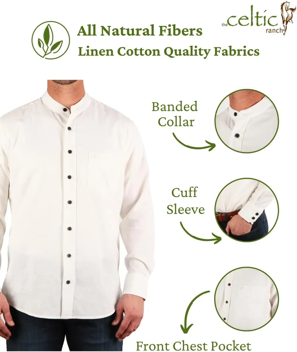 Traditional Irish Grandfather Collarless Shirt, Mens Linen Cotton Lightweight Long-Sleeve Dress Shirt