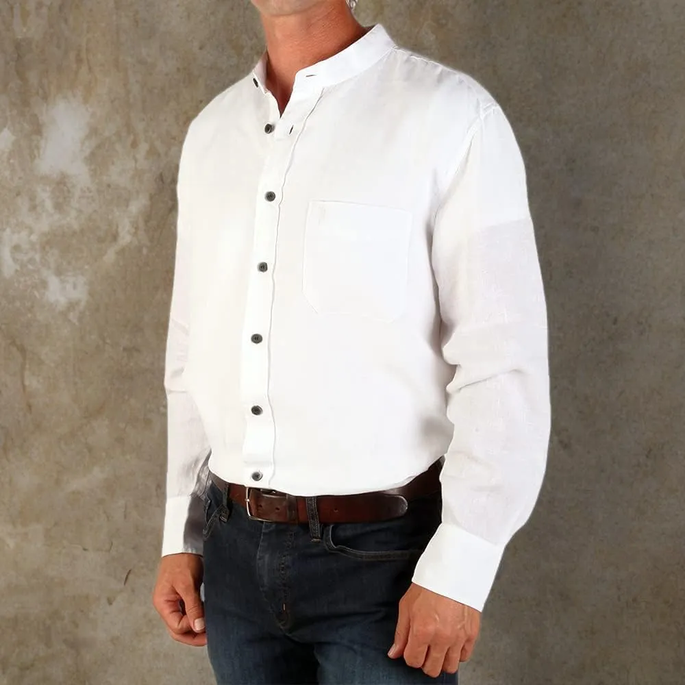 Traditional Irish Grandfather Collarless Shirt, Mens Linen Cotton Lightweight Long-Sleeve Dress Shirt