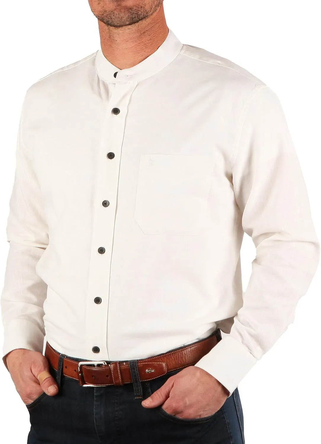 Traditional Irish Grandfather Collarless Shirt, Mens Linen Cotton Lightweight Long-Sleeve Dress Shirt
