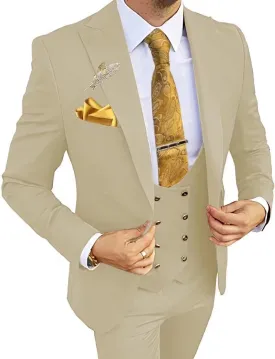 Wangyue 3 Piece Men's Suits Slim Fit Double Breasted Suit Gold Button Blazer Vest Pants Wedding Suit for Men