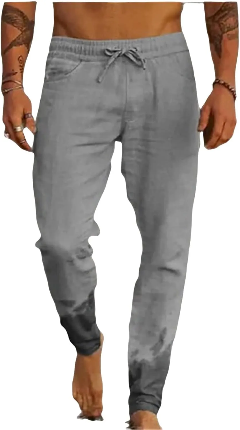 Wankang Men's Linen Pants Casual Loose Lightweight Drawstring Yoga Beach Trousers Long Pants Casual Trousers for Men