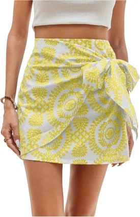 WDIRARA Women's Allover Print Knot Side High Waist Wrap Skirt Zipper Back Boho Mini Skirt