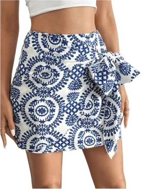 WDIRARA Women's Allover Print Knot Side High Waist Wrap Skirt Zipper Back Boho Mini Skirt
