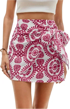 WDIRARA Women's Allover Print Knot Side High Waist Wrap Skirt Zipper Back Boho Mini Skirt