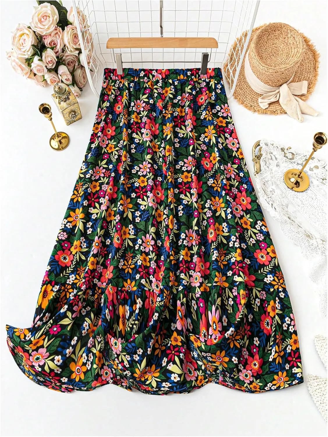 WDIRARA Women's Plus Size Floral Print Elastic Waist Ruffle Hem Skirt Boho Flowy A Line Skirt