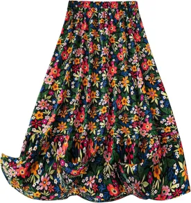 WDIRARA Women's Plus Size Floral Print Elastic Waist Ruffle Hem Skirt Boho Flowy A Line Skirt