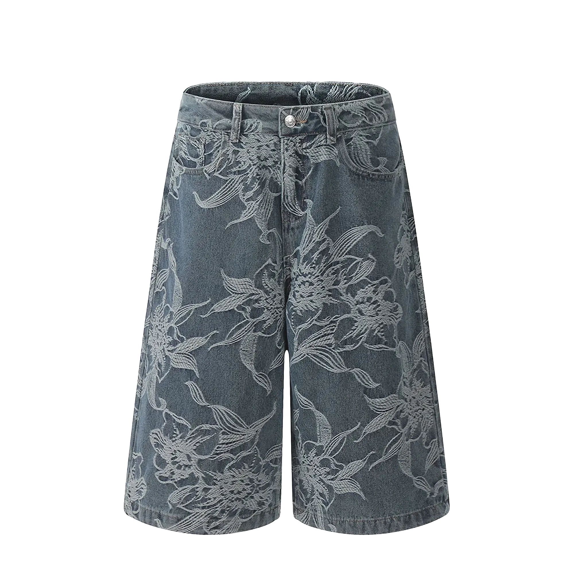 Wide Leg Denim Shorts with Floral Embroidery