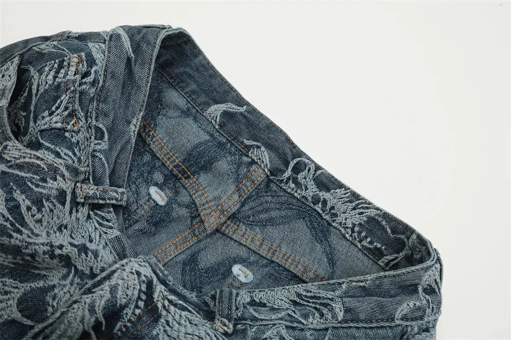 Wide Leg Denim Shorts with Floral Embroidery
