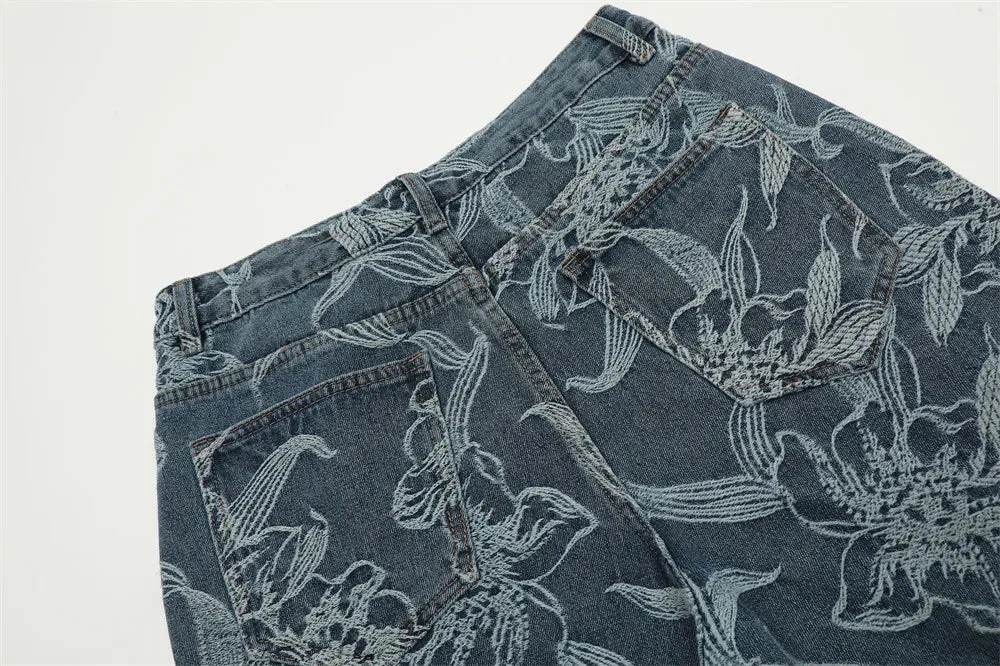 Wide Leg Denim Shorts with Floral Embroidery
