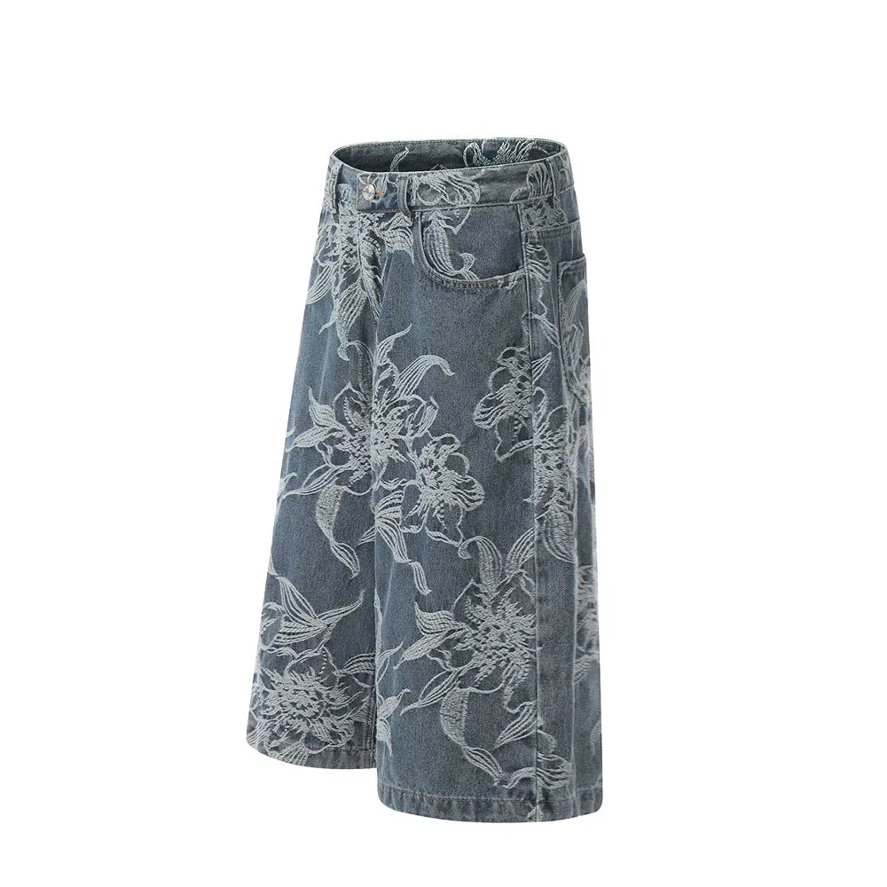 Wide Leg Denim Shorts with Floral Embroidery