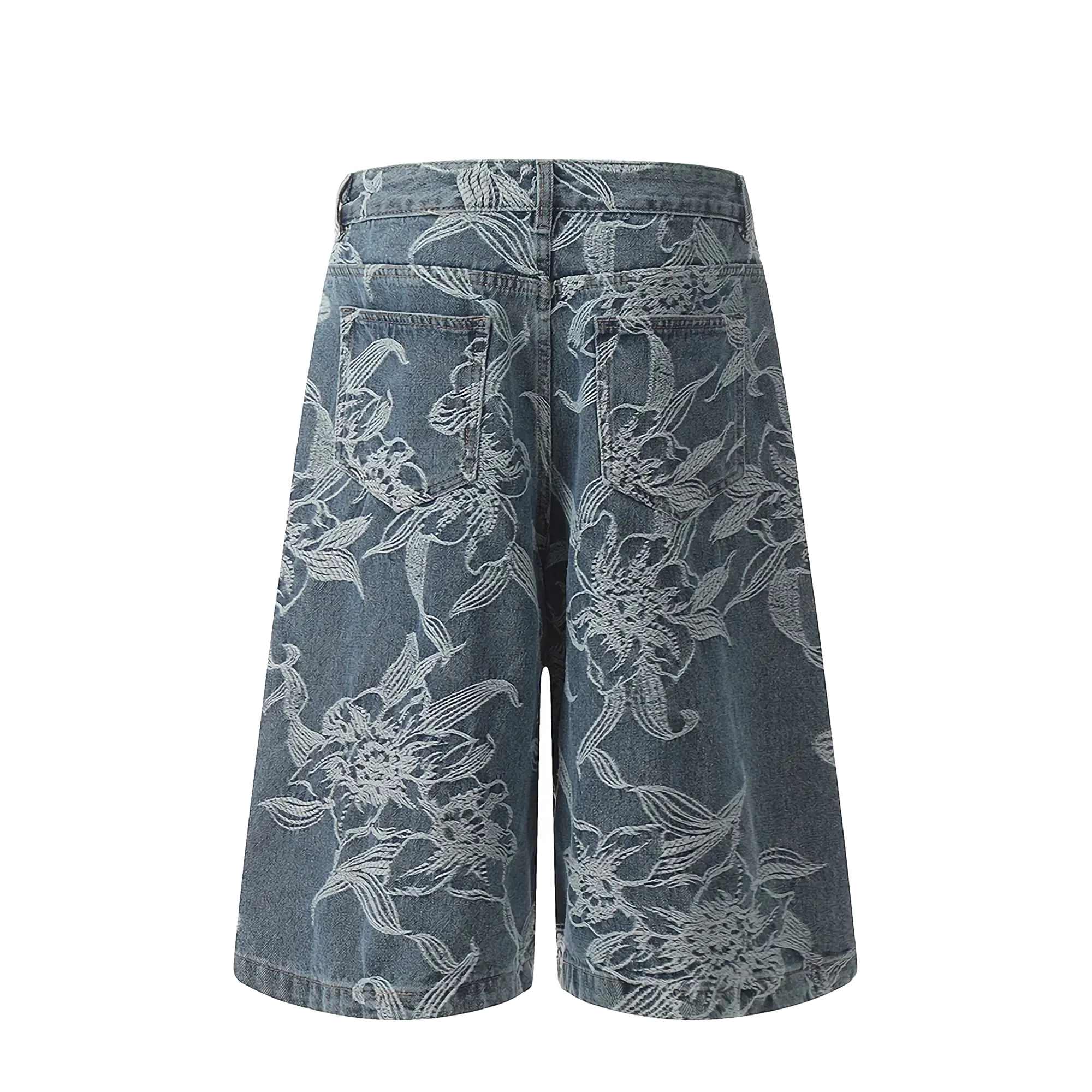 Wide Leg Denim Shorts with Floral Embroidery