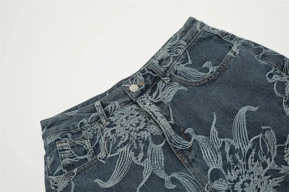Wide Leg Denim Shorts with Floral Embroidery