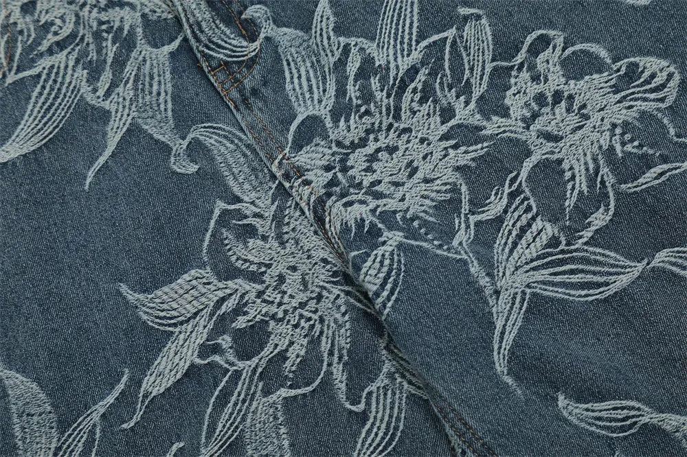 Wide Leg Denim Shorts with Floral Embroidery