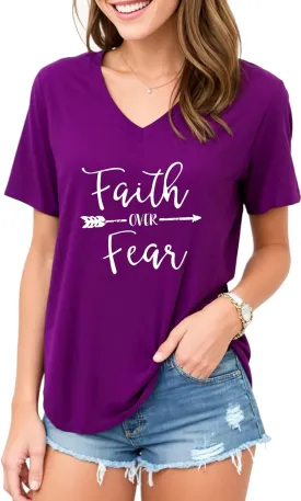 Women Cross Faith T Shirts for Women V-Neck Graphic Tees Letter Printed T-Shirt Christian Tee Shirt