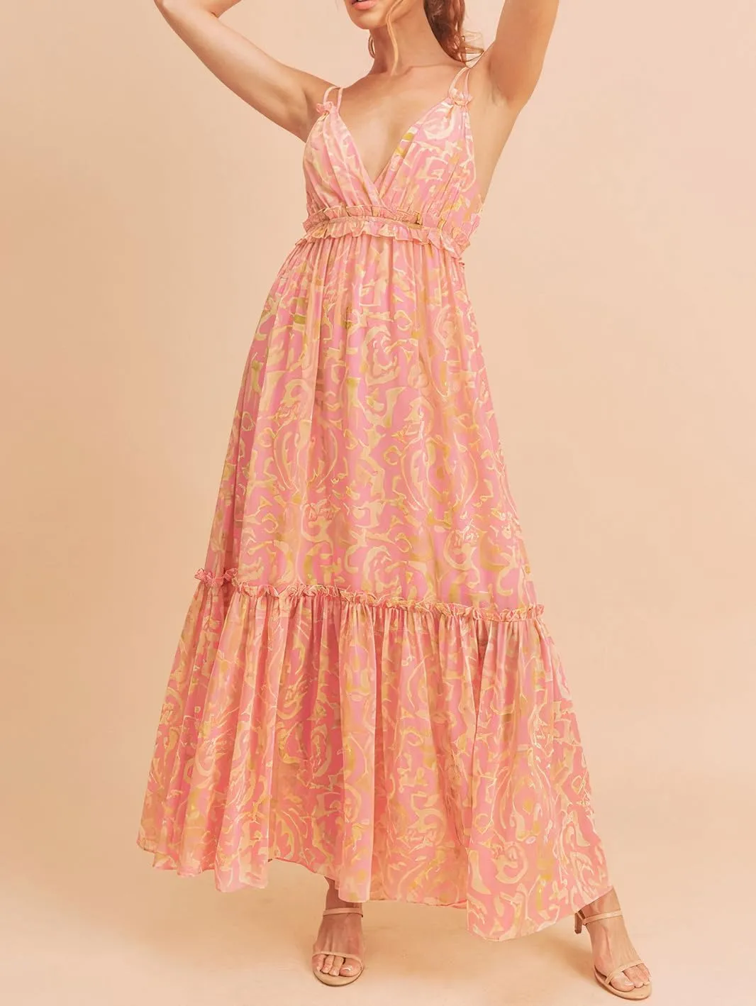 Women Spaghetti Strap Tie Shoulder Floral Maxi Dress Y2k Lace Trim Ruffle Long Dress Summer Boho Flowy Sundress