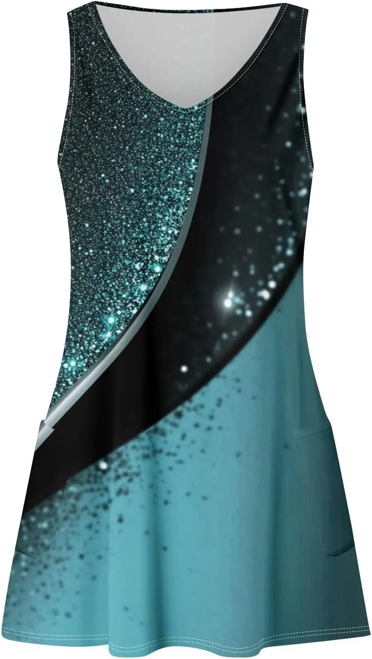 Women Summer Dresses 2025 Printed Sundress Casual Sleeveless Swimsuit Coverup Vacation V Neck Dress with Pocket