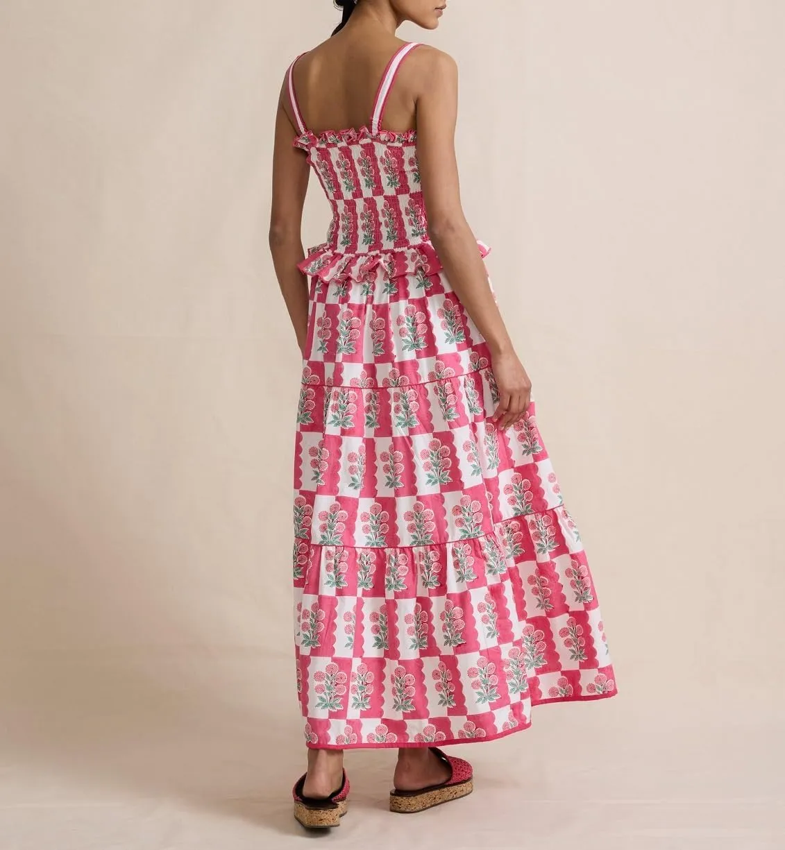 Women Tie Shoulder Boho Floral Maxi Dress Y2k Spaghetti Strap Flowy Long Dresses Summer Tiered Beach Sundress
