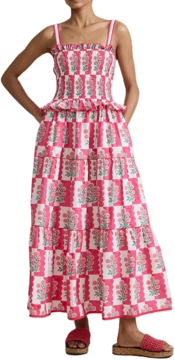 Women Tie Shoulder Boho Floral Maxi Dress Y2k Spaghetti Strap Flowy Long Dresses Summer Tiered Beach Sundress