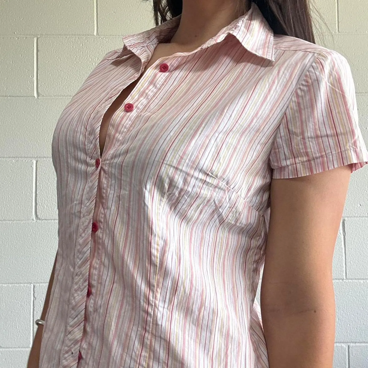 Women Y2K Plaid Button Down Shirt Coquette Short Sleeve V Neck Blouses Top Vintage Preppy Crop Shirt Tops