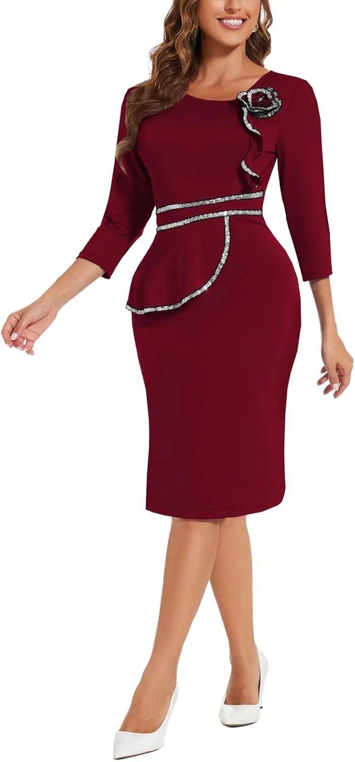Women's Bodycon Work Pencil Midi Dresses Formal Business Dress Slim Casual Dress Knee Length Party Dress