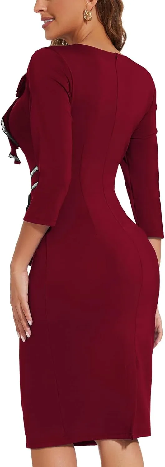 Women's Bodycon Work Pencil Midi Dresses Formal Business Dress Slim Casual Dress Knee Length Party Dress