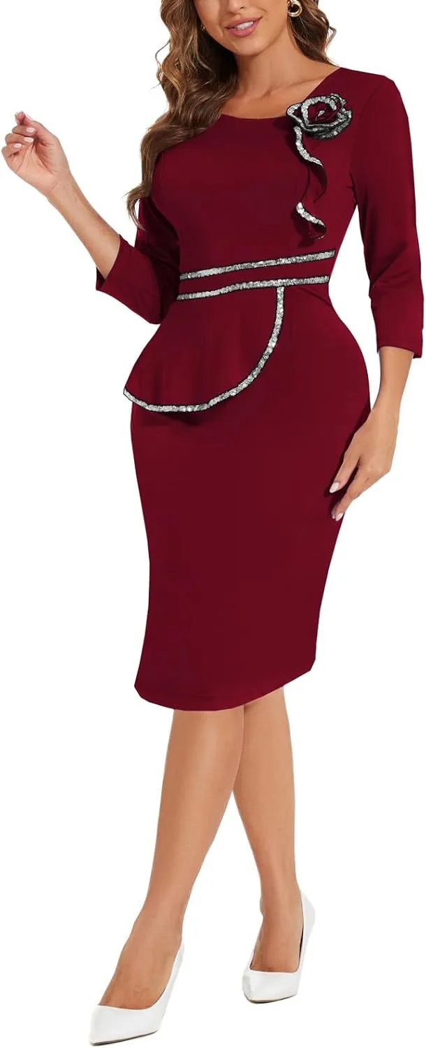 Women's Bodycon Work Pencil Midi Dresses Formal Business Dress Slim Casual Dress Knee Length Party Dress