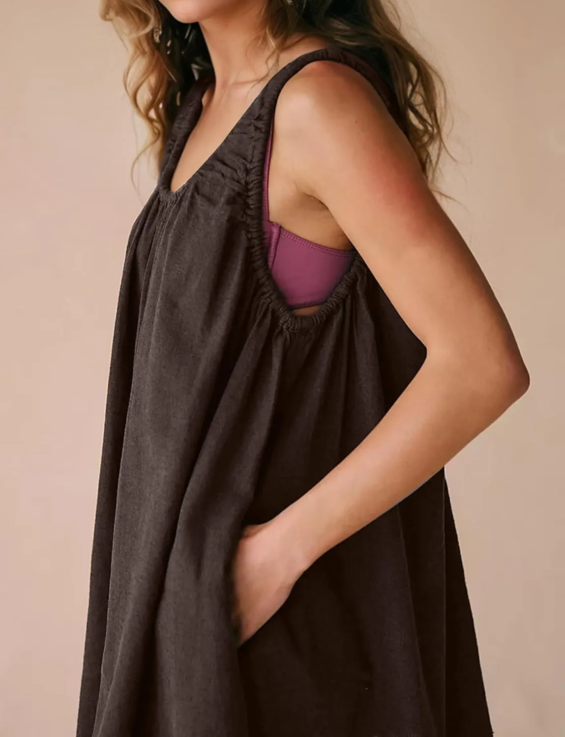 Womens Cotton Linen Mini Dress Casual Ruched Scoop Neck Sleeveless Short Dress Beach Tank Dress Sundress with Pocket