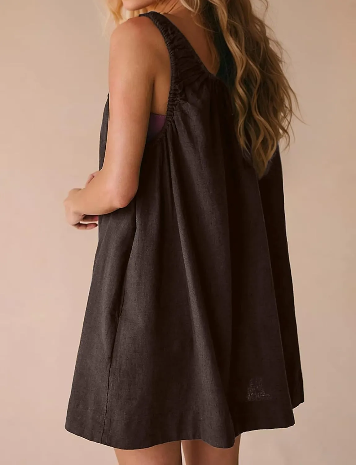 Womens Cotton Linen Mini Dress Casual Ruched Scoop Neck Sleeveless Short Dress Beach Tank Dress Sundress with Pocket