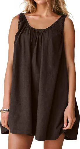 Womens Cotton Linen Mini Dress Casual Ruched Scoop Neck Sleeveless Short Dress Beach Tank Dress Sundress with Pocket