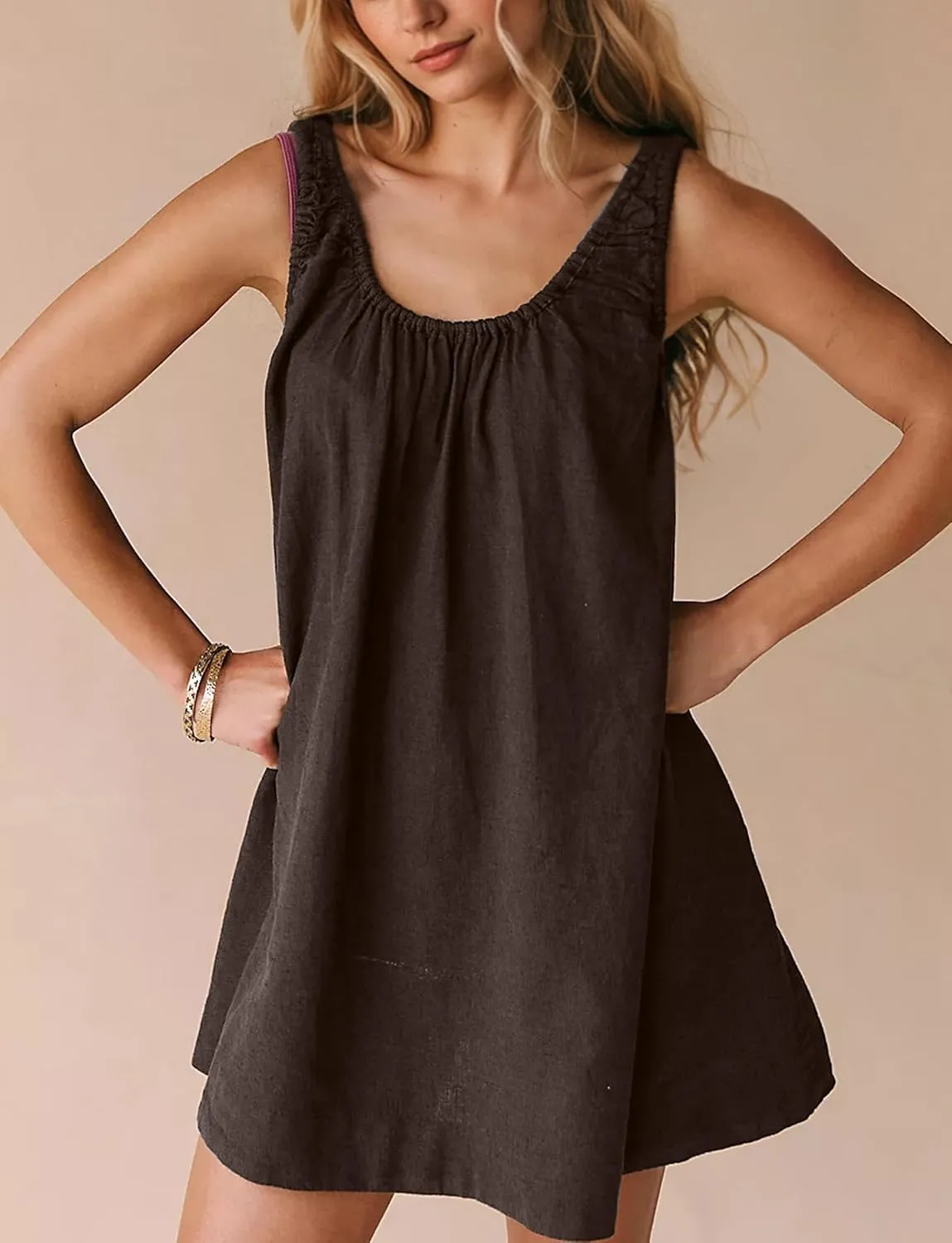 Womens Cotton Linen Mini Dress Casual Ruched Scoop Neck Sleeveless Short Dress Beach Tank Dress Sundress with Pocket