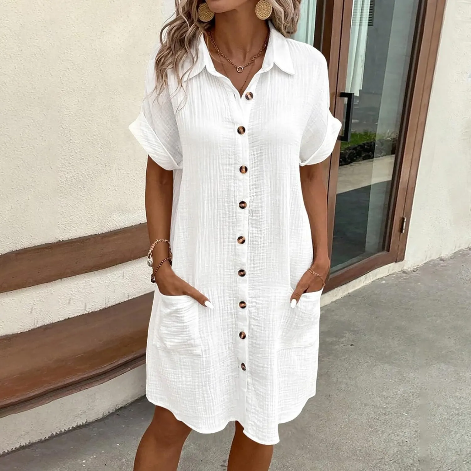 Womens Cotton Linen Shirt Dresses 2025 Summer Short Sleeve Button Down Midi Dress Knee Length Beach Dress with Pockets