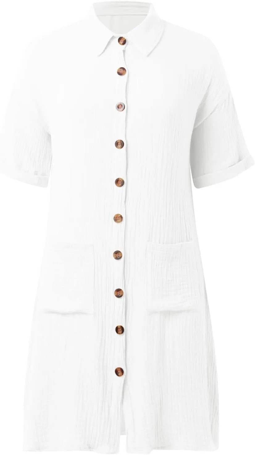 Womens Cotton Linen Shirt Dresses 2025 Summer Short Sleeve Button Down Midi Dress Knee Length Beach Dress with Pockets