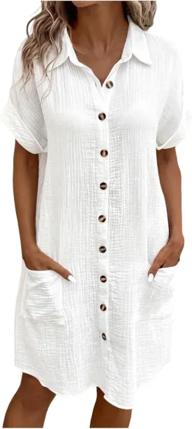 Womens Cotton Linen Shirt Dresses 2025 Summer Short Sleeve Button Down Midi Dress Knee Length Beach Dress with Pockets