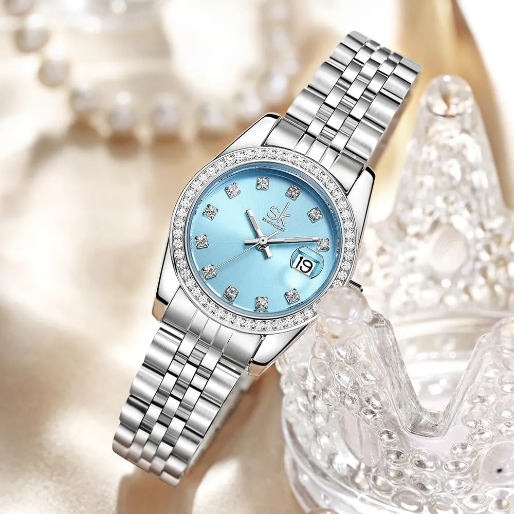 Women's Crystal Accented with Solid Alloy Steel Band Watch Elegant Dress Quartz Calendar Watches for Women
