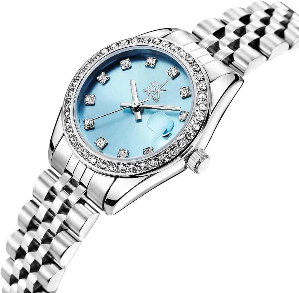 Women's Crystal Accented with Solid Alloy Steel Band Watch Elegant Dress Quartz Calendar Watches for Women