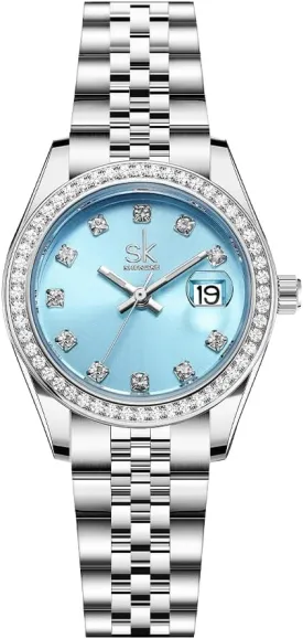 Women's Crystal Accented with Solid Alloy Steel Band Watch Elegant Dress Quartz Calendar Watches for Women