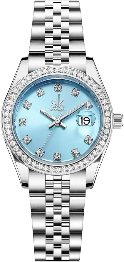 Women's Crystal Accented with Solid Alloy Steel Band Watch Elegant Dress Quartz Calendar Watches for Women