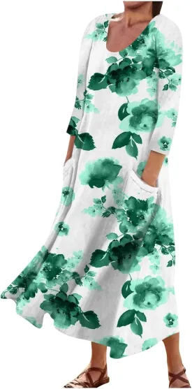 Womens Dresses Plus Size 3/4 Sleeve Long Dress U Neck Floral Print Beach Dress Flowy Boho Dress with Pockets