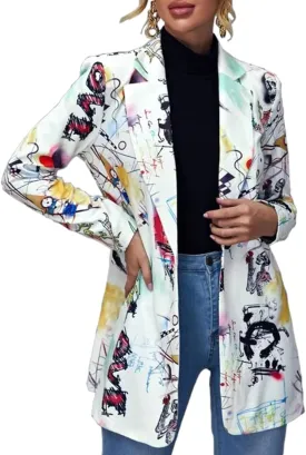 Womens Lapel Neck Long Sleeve Graffiti Work Blazer Coat Painted Casual One Button Dress Suit Jacket